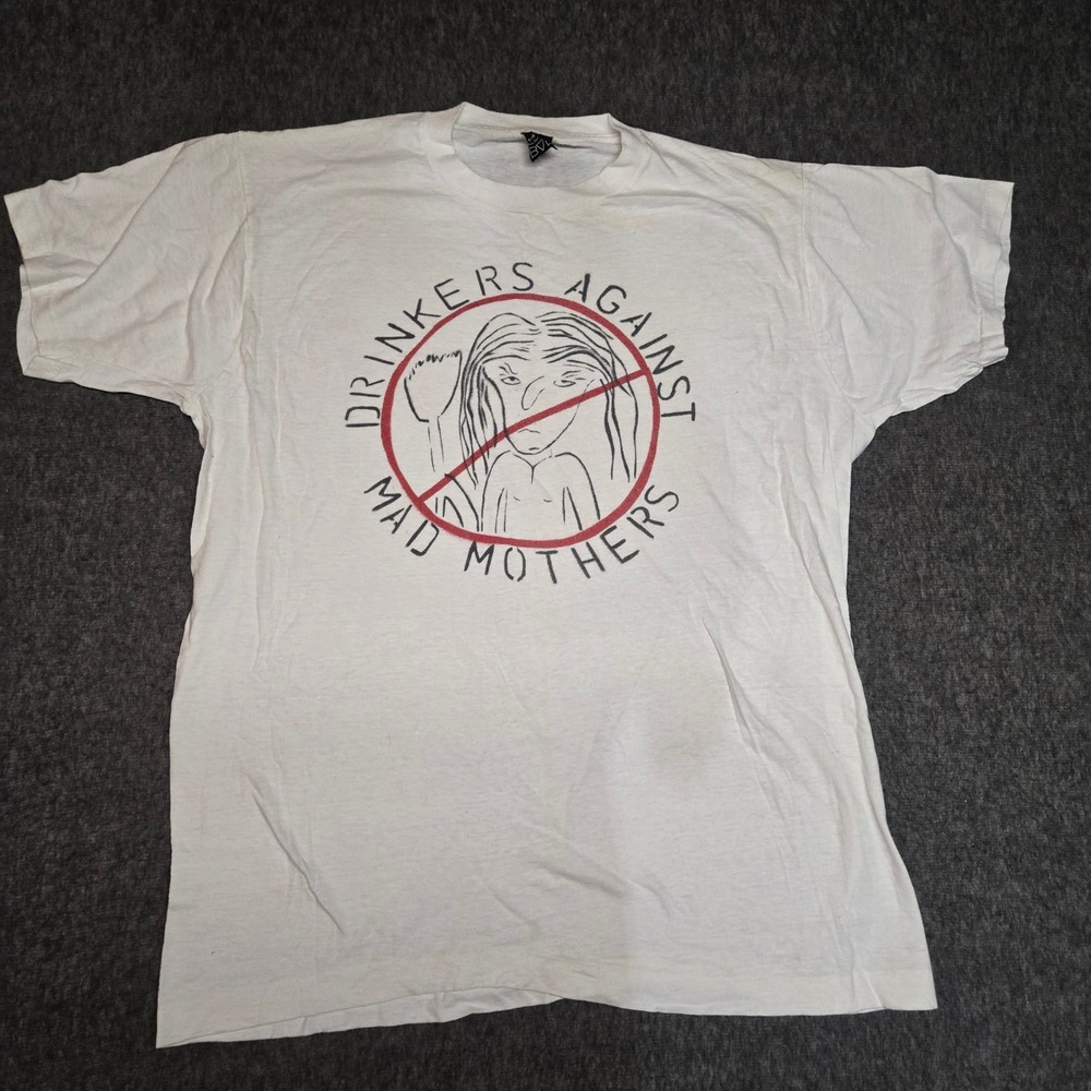 Vintage 80s BVD Drinkers Against Mad Mothers T-Shirt Men XL Paper Thin White USA